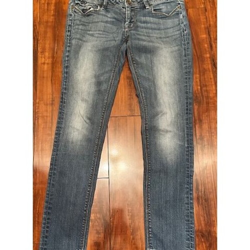 Mek Dnm Unisex Y2K Boot Cut Embellished Flap Pockets Wash Distressed Look Sz 29